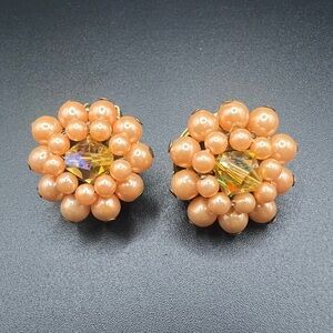 Elegant Beaded Cluster Japan Signed Clip On Earrings